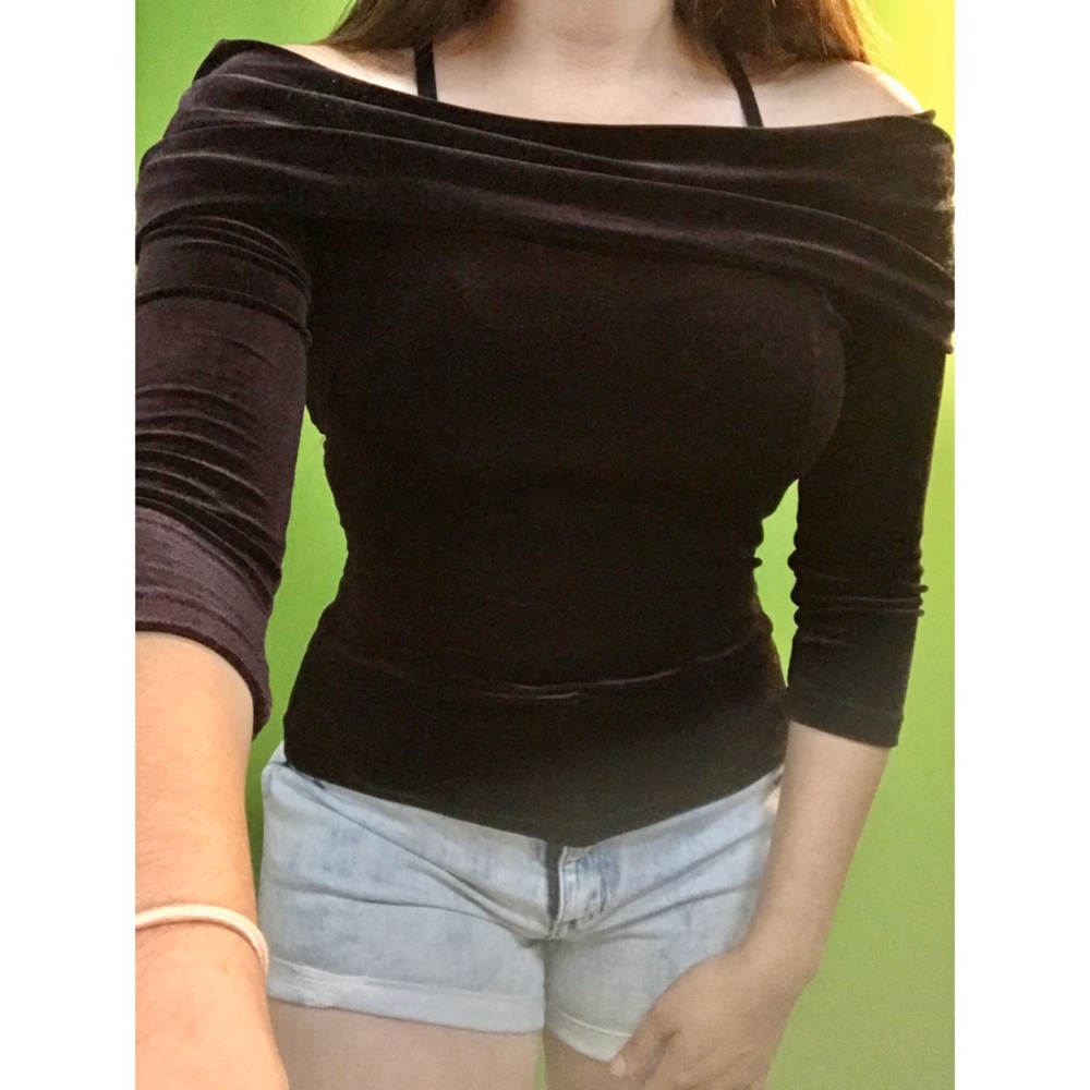Dark purple off the shoulder velvet top